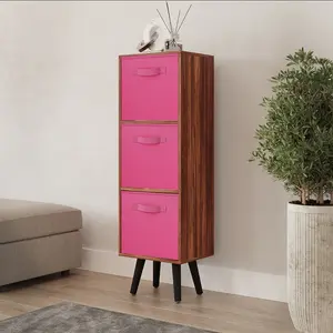 URBNLIVING 100cm Height Teak 3-Tier 3-Drawer Dark Pink Cube Shelving Unit with Scandinavian Black Legs