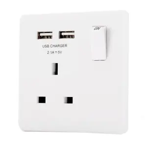 LAP White Single 13A Raised slim Switched Screwed Socket with USB, x2 & White inserts