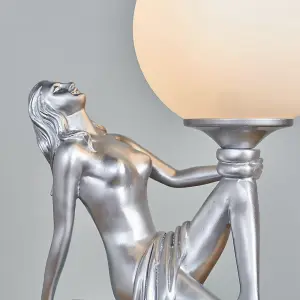 ValueLights Matilda Matt Silver Art Deco Table Lamp with White Opal Glass Globe Shade