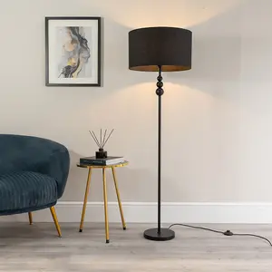 ValueLights Marissa Matt Black Stacked Ball Floor Lamp with Black Drum Shade