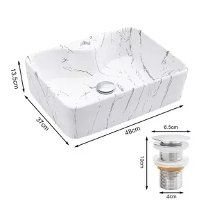 Rectangular White Ceramic Marble Effect Texture Countertop Basin Bathroom Sink W 480mm x D 370mm