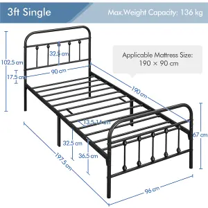 Yaheetech Black 3ft Single Vintage Metal Bed Frame with High Headboard and Footboard