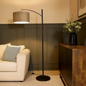 ValueLights Preto Black Metal Curve Stem Living Room Floor Lamp with a Grey Velvet Shade