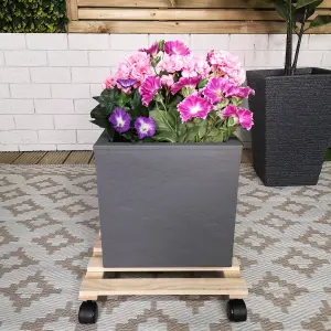 Pack of 2 35cm Square Wooden Garden Plant Pot Flower Trolley Stand On Wheels