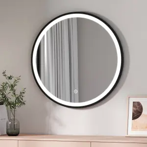 EMKE Round Bathroom LED Mirror Backlit Makeup Mirror with Touch, Leather, Dustproof, Anti-fog, Black 800mm