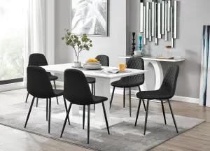 Imperia White High Gloss 6 Seater Dining Table with Structural 2 Plinth Column Legs 6 Black Faux Leather Black Leg Corona Chairs