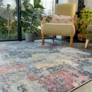 Navy Blue Multicoloured Abstract Distressed Soft Fireside Living Area Rug 60cm x240cm