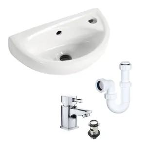 Small Compact Wall Hung Basin, Hero Mono Basin Mixer Tap, Waste & Plastic Trap (PK2)