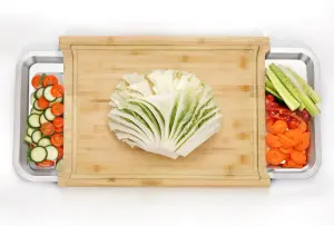 Durable and Eco-Friendly Bamboo Chopping Board with Sliding Stainless Steel Trays - Large Organic Wooden Cutting Board