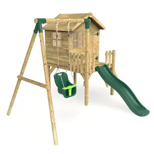 Rebo Orchard 4ft x 4ft Wooden Playhouse with Baby Swing, 900mm Deck and 6ft Slide - Pluto Green