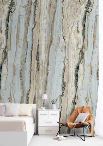 Grandeco Vertical Marble Blue & Neutral 3 Lane Repeatable Wallpaper Mural 159 x 280cm