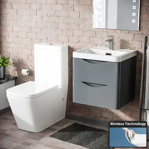 Nes Home Merton 500mm Wall Hung Vanity Basin Unit & Square Rimless Close Coupled Toilet Grey