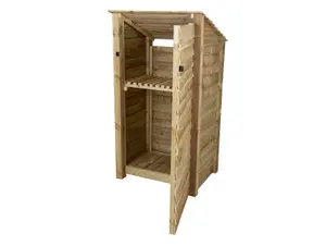 Wooden log store (roof sloping back), garden storage with shelf W-99cm, H-180cm, D-88cm - natural (light green) finish