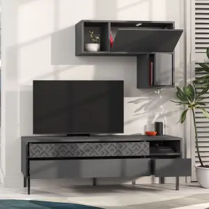 Decortie Heaton Modern TV Unit Anthracite Grey with Storage and Wall Shelf 144.6cm