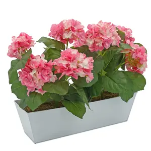 GreenBrokers Artificial Pink Hydrangea Flower in White Tin Window Box (45cm)