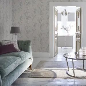 Laura Ashley Willow Off white & steel Floral Smooth Wallpaper