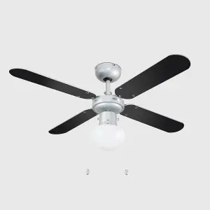 ValueLights 42" Metal Grey Modern Ceiling Fan with Frosted Opal Glass Light Shade and 4 x Reversible Silver/Black Blades