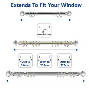 Metal Curtain Pole Set Extendable 40 to 218 cm Black Nickel Crystal 25mm Curtain Rail