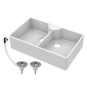 895mm - Two Bowl Fireclay Butler Kitchen Sink -  Stepped Weir, Overflow, ledge & Wastes