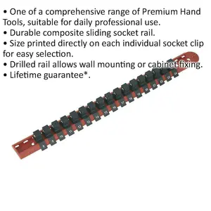 Durable 1/2 Inch Square Drive Bit Holder with 17 Socket Capacity and Retaining Rail