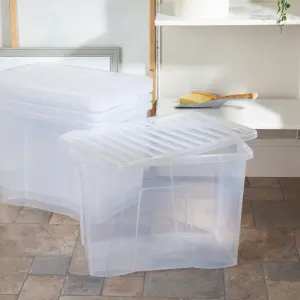 Wham Crystal 4x 80L Plastic Storage Boxes with Lids. Large Size, Strong. Made in the UK Clear