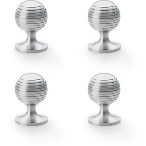 4 PACK - Reeded Ball Door Knob - 38mm Diameter Satin Chrome Lined Cupboard Pull Handle