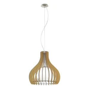 Pendant Ceiling Light Satin Nickel Shade Maple White Wood Glass Bulb E27 1x60W