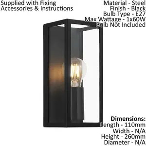 Wall Light Colour Black Shade Clear Glass Metal Box Frame Bulb E27 1x60W