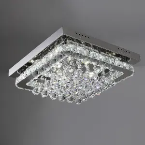 Modern Square Fancy Chrome Crystal LED Flush Mount Ceiling Light Fixture Chandelier 40cm, Dimmable