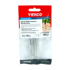 TIMCO Classic Multi-Purpose Countersunk A2 Stainless Steel Woodcrews - 5.0 x 100 (4pcs)