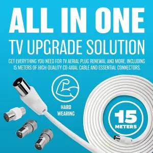 15M Coaxial Tv Extension Kit Aerial Cable Coax Lead Television Wire Plugs New