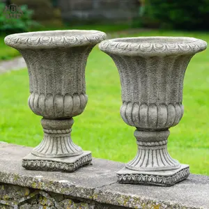 Pair of Large Fluted Stone Urns Outdoor Garden Planters