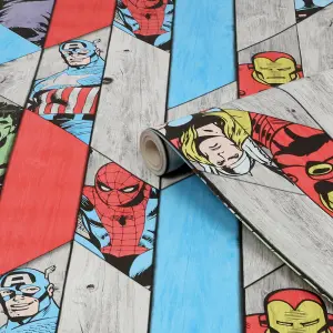 Marvel Avengers Vintage Wood Panel Wallpaper Roll 52cm x 10m Multicolour