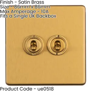 3 PACK 2 Gang Double Retro Toggle Light Switch SCREWLESS SATIN BRASS 10A 2 Way