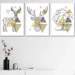 Set of 3 Geometric Line Art Yellow Stags Tree Set Wall Art Prints / 42x59cm (A2) / White Frame