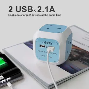 EXTRASTAR Rubik Power Cube 4 Ways Sockets 2 x USB 5V 1.5m  Light Blue 13A extension lead