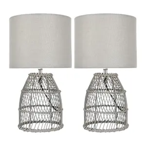 First Choice Lighting Set of 2 Bamboo Grey Wash Bamboo 36cm Table Lamps With Grey Fabric Shades