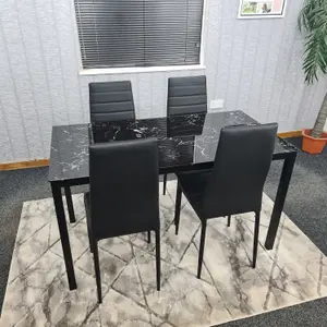 Black Marble Effect Dining Table and 4 Black PU Faux Leather Metal Chairs Dining Table Set