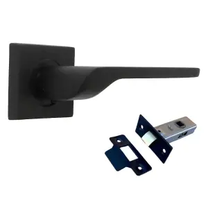 UNO-2 Door Handle Matt Black Lever on Square Rose Internal Doors Handles + 64mm Latch