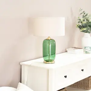 ValueLights Leigh Forest Green Glass and Gold Detail Table Lamp with Natural Drum Shade Light - LED Bulb Included