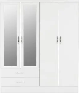 Seconique Nevada 4 Door 2 Drawer Wardrobe, Mirrored, Modern, Nevada White