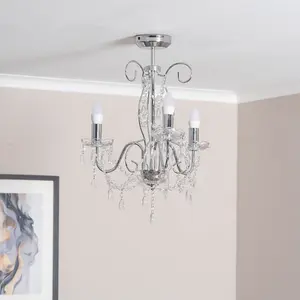 ValueLights Viscount Chrome 3 Way Ceiling Light Chandelier Fitting with Clear Acrylic Jewel Droplets