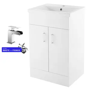 600mm Bathroom Vanity Unit White Cloakroom Two Door Basin Sink Cabinet & Chrome Tap Set