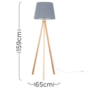 ValueLights Barbro Modern Light Wood Tripod Design Floor Lamp with Grey Tapered Shade - Includes 6w LED GLS Bulb 3000K Warm White