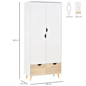 HOMCOM 2-Door Clothes Wardrobe w/ Rail Shelf 2 Storage Drawers Wood Feet White