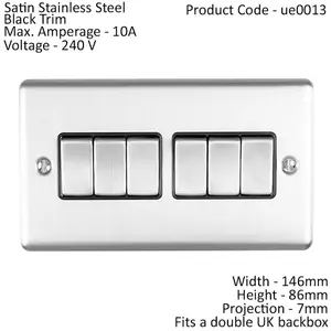 6 Gang Multi Light Switch SATIN STEEL 2 Way 10A Black Trim & Metal Rocker