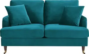 Brigette 2-Seater Teal Velvet Sofa With Antique Brass Castor Legs - Daals - Sofas