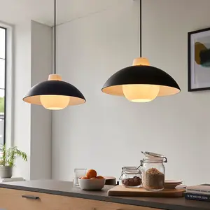 Matt Black & White Monochrome Domed Ceiling Pendant Light - Glass Inner Shade