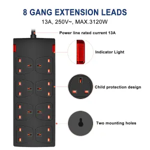 Extrastar 8 Way Socket 13A, 2M, Black, with Indicate Light,  Child-Resistant Sockets