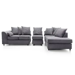 Jumbo Large Grey Cord Right Facing Corner Sofa for Living Room with Thick Luxury Deep Filled Cushioning